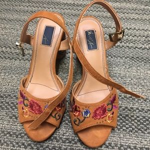 Studded and embroidered faux suede block heels